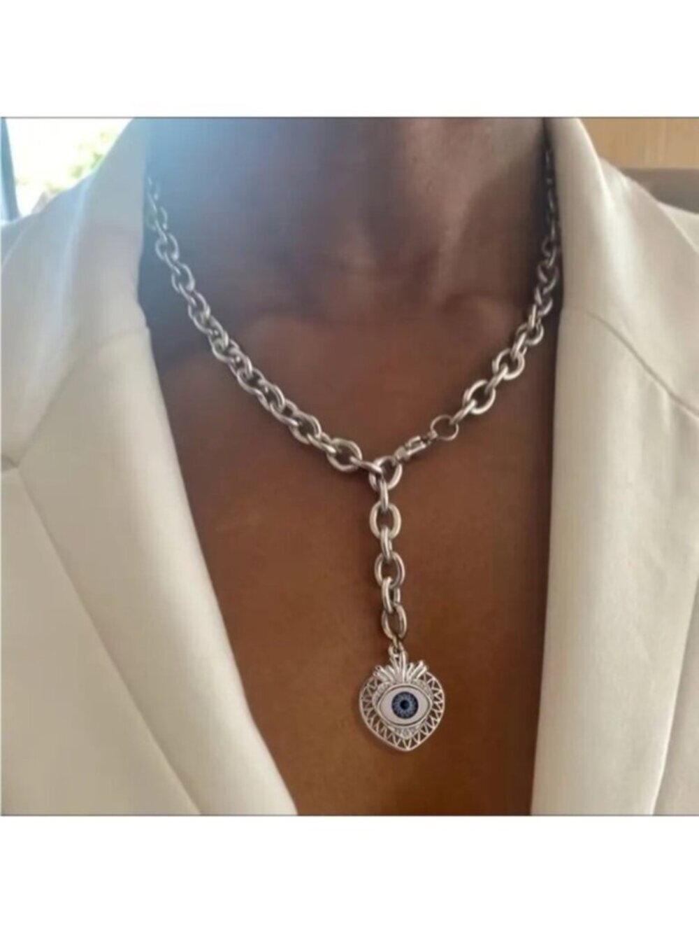 Silver Heart Shaped  Evil Eye Pendant Necklace